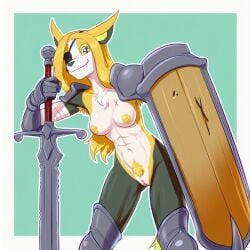 ai_assisted ai_generated armor armpit_hair blonde_hair boltund canine claymore_(sword) dog_ears dog_girl dog_tail eyepatch female kokenaart long_hair muscular nipples pokemon pokemon_(species) pubic_hair pussy scar shield small_breasts solo sword tail