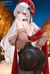 ai_generated aran_sweater artist_name ass azur_lane back bangs bare_shoulders belfast_(azur_lane) belfast_(shopping_with_the_head_maid)_(azur_lane) beret black_choker black_skirt blurry_background blush breasts brown_pantyhose brown_sweater cable_knit choker clothing earrings female from_behind grin hat headwear high-waist_skirt hoop_earrings huge_ass jewelry large_breasts legwear long_hair long_sleeves looking_at_viewer looking_back night night_sky off-shoulder_sweater off_shoulder official_alternate_costume outdoors pantyhose pantylines patreon_username pencil_skirt purple_eyes red_headwear red_scarf scarf shawl skirt sky smile solo sweater thighs vantawaifu very_long_hair white_hair