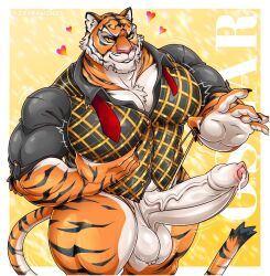 bara big_penis exposed_penis furry gay gold_bikini hand_on_chest jv_draws jx_drawings jxdrawings leaking_precum muscular_male simple_background thick_thighs tiger tiger_tail yaoi