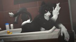 16:9 3d_(artwork) animal_dildo animal_sex_toy anthro armada_(artist) bathroom bathtub black_body black_fur black_hair cat_(petruz) condom digital_media_(artwork) dildo equine_dildo felid feline fur garry's_mod hair hi_res male mammal meme nathan_(armada) nude purple_eyes rubber_duck sex_toy sexual_barrier_device smile smiling_at_viewer solo tail we_all_float wet wet_body white_body white_fur widescreen