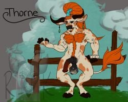 animal_genitalia animal_humanoid anthro balls bovid bovine cattle digital_media_(artwork) druid flaccid flaccid_bigger flat_colors fur genitals hair hooves horn humanoid looking_at_viewer magic_user male mammal muscular nude penis ryukak saggy_balls sheath simple_background solo tail thorne_(ryukak) tribal_spellcaster