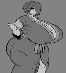 skullvert flat_colors monochrome milf bathrobe looking_at_viewer holding_object mug nipple_bulge cleavage big_breasts big_ass breasts_bigger_than_head ass commission one_eye_obstructed tagme