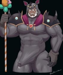 1boy absurdres bara beard black_background commentary cosplay covered_abs covered_pectorals covered_penis cropped_legs cum cum_in_clothes cum_through_clothes dark-skinned_male dark_skin english_commentary erection facial_hair fire_emblem fire_emblem_shadows gotthold_(fire_emblem) grey_eyes highres holding holding_polearm holding_weapon kigurumi lower_teeth_only male_focus moustache muscular muscular_male open_mouth pectorals polearm scar scar_across_eyebrow scar_on_face simple_background solo teeth twitter_username variant_set wallace8 weapon white_hair