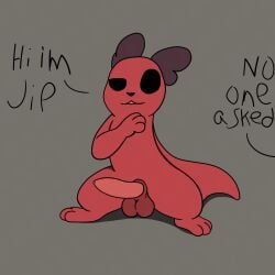 1:1 anthro balls black_eyes brown_ears english_text feet feral genitals hi_res jip_(passey_voppy) looking_at_viewer male mammal nude open_mouth passey_voppy penis rain_world red_body simple_background sketch slugcat smile solo tail text videocult