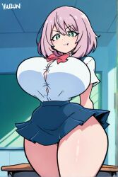 ai_generated blue_eyes female flesh_fang huge_breasts school_uniform schoolgirl short_hair silver_hair tejina_senpai tejina_senpai_(character) thick_thighs