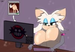 01imper 1boy 1girls anthro bat desk dr._eggman eggman eggman_logo female female_anthro furry furry_anthro furry_breasts furry_female green_eyes human human_male male meme monitor mouse_(computer) rouge_the_bat sega self_upload sonic_(series) sonic_the_hedgehog_(series) sucking_breasts_meme white_hair