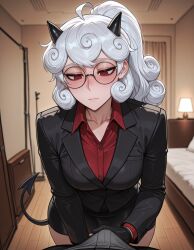 ai_assisted ai_generated bulge hand_on_penis helltaker medium_breasts pandemonica_(helltaker) red_eyes