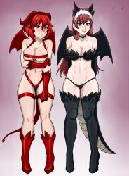 2girls aldharoku bikini cherche_(fire_emblem) fire_emblem fire_emblem:_mystery_of_the_emblem fire_emblem:_shadow_dragon_and_the_blade_of_light fire_emblem_awakening horns medium_breasts minerva_(fire_emblem) multiple_girls nintendo pink_hair red_eyes red_hair revealing_clothes