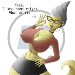 bedroom_eyes big_breasts blowjob_face blowjob_gesture choker cleavage crop_top gilf glasses gray_hair green_skin grey_eyes kairasin leather lipstick looking_at_viewer mole_under_mouth monster_girl monsters_inc nipples_visible_through_clothing no_legs no_nose roz_(monsters_inc) secretary sharp_teeth slim_waist slug solo_female sweat sweatdrop text tongue_out wide_hips