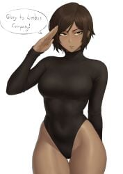 brown_eyes brown_hair dark-skinned_female dialogue english_dialogue english_text female female_only leotard limbus_company meruzis outis_(limbus_company) project_moon salute saluting simple_background solo text tight_clothing white_background wide_hips