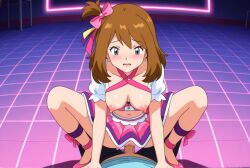 ai_generated blouse bows breasts brown_hair cowgirl_position green_eyes haruka_(pokemon) idol may_(pokemon) may_(pokemon_oras) neckline neon_lights nightclub nipples penetration penis pokemon pokemon_oras pov sex sexy sexy_body sexy_cleavage sexy_pose sexy_smile skirt things vaginal_penetration