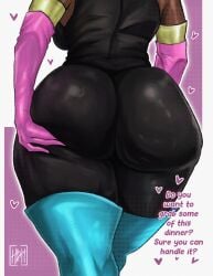 asking ass ass_focus big_ass big_breasts breasts bubble_butt cake caked_up challenging clothed clothing dark-skinned_female dark_skin dispatch_(game) fat_ass grabbing_ass grabbing_own_ass harsh_nsfw huge_ass prism round_ass text thick_thighs thighhighs thighs tight_clothing