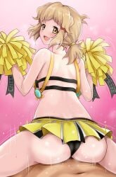 1boy ass black_panties brown_hair cheering cheerleader crop_top female from_behind holding holding_pom_poms implied_sex looking_at_viewer looking_back motion_lines orange_eyes panties pom_pom_(cheerleading) r-binon senki_zesshou_symphogear shiny shiny_hair shiny_skin short_hair skirt smile solo_focus sweat tachibana_hibiki_(symphogear) underwear