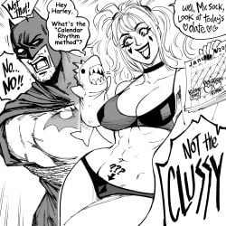 1boy 1girls abs athletic_female baby_trapping batman batman_(bruce_wayne) batman_(series) bb_(baalbuddy) bra calendar_(object) clown clown_girl clussy dc dc_comics dialogue english_text fertile fit_female full_lips harley_quinn human human_female human_male imminent_impregnation imminent_rape imminent_sex large_breasts mature_female monochrome navel ovulating ovulation ovulation_tracker panties planned_ahead planning risky_sex silly slim_waist speech_bubble very_high_resolution white_background wide_hips