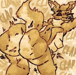 4_eyes anthro ass autumn_cobalt_lucke bat_ears big_butt blush blush_lines clap_(sound_effect) emanata fluffy fluffy_tail fur hi_res looking_at_viewer looking_back male multi_eye neck_tuft nude one_eye_closed portrait rear_view scaliescum smile solo tail three-quarter_portrait tongue tongue_out tuft twerking wings wink yellow_body yellow_fur