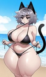 ai_generated animal_ears animal_tail animation_meme_community beach beach_background belly_button big_breasts bikini bikini_bottom bikini_top black_eyes black_nail_polish black_nails cat_tail female female_focus female_human female_only grey_hair huge_breasts huge_thighs human human_female human_only large_breasts light-skinned_female light_skin navel pixai pulling_bikini_string ros_(rossali) short_hair slim_waist solo solo_female solo_focus solo_human tagme tail thick_thighs wide_hips youtube youtuber youtuber_girl