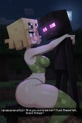 ai_assisted ai_generated blocky_anatomy blonde_female blonde_hair breasts dark-skinned_male embarrassed embarrassed_nude_female enderman g-string glowing_eyes green_clothing green_eyes height_difference huge_breasts imminent_penetration imminent_sex interracial interspecies minecraft night night_sky ozzy123 purple_eyes short_hair sideways_glance sitting sitting_on_lap text thighs