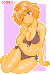 bikini black_bikini breasts cute cute_style female female_focus female_only high_quality honey honey_(food) mellie_(odenezix) odenezix odenezix_style original_character simple_background sitting slime slime_girl slime_hair smile solo tagme