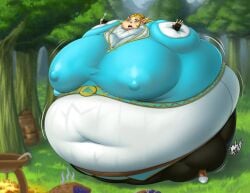 breath_of_the_wild fat food forest helpless huge_breasts hyper_belly inflation milkybody nipples_visible_through_clothing overweight overweight_female princess_zelda spherical_inflation sunken_head sunken_limbs the_legend_of_zelda weight_gain worried zelda_(breath_of_the_wild)