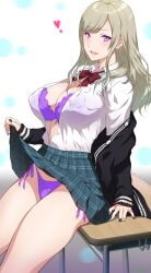 1girls bow desk female gyaru joy_ride multicolored_nail_polish multicolored_nails nail_polish open_shirt original panties purple_nails purple_panties red_bow side_tie_panties sitting sitting_on_desk skirt skirt_lift solo thighs uniform white_nails