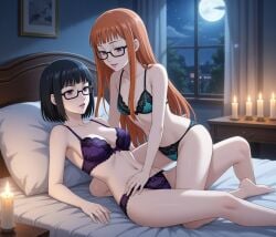 ai_generated bed bedroom black_hair blue_eyes blush candles daughter glasses hand_on_hip implied_incest lingerie moon mother mother_and_daughter night older_female_and_younger_female orange_hair persona persona_(series) persona_5 purple_eyes sakura_futaba stockings straddling wakaba_ishiki yuri