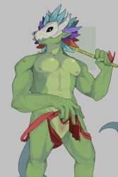 2026 5_fingers animal_genitalia anthro artist_logo bamboo bamboo_stick becoming_erect bodily_fluids bone bone_mask bottomwear bottomwear_pull bulge butfdai clothed clothing clothing_lift clothing_pull digital_media_(artwork) dripping feathered_headdress fingers genital_fluids genitals glans green_body hi_res holding_object holding_stick lihzahrd lizard logo loincloth loincloth_lift looking_aside male mask muscular muscular_anthro muscular_arms muscular_male pecs penis penis_tip pointy_ears precum precum_drip reptile scalie skull skull_mask solo stick terraria topless topless_anthro topless_male witch_doctor_(terraria)