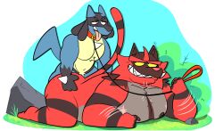 absurd_res anthro black_body black_fur blue_body blue_fur brown_body brown_fur chest_scar collar dominant dominant_male duo from_behind_position fur generation_4_pokemon generation_7_pokemon hand_on_butt hi_res incineroar janjauwu leash leash_pull lucario male male/male muscular muscular_male nintendo nipples outside outside_sex pokemon pokemon_(species) red_body red_fur scar sex simple_background size_difference small_dom_big_sub small_top_big_bottom smile smug smug_face smug_grin tail tongue tongue_out yellow_body yellow_eyes yellow_fur