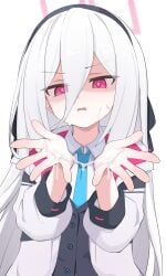 absurdres blue_archive blue_necktie blush commentary_request cum cum_on_body cum_on_hands dress_shirt facial female halo hands_up highres jacket kei_(blue_archive) kei_(new_body)_(blue_archive) long_hair looking_at_another necktie nicomi-chan pink_eyes pink_halo school_uniform shirt simple_background solo straight_hair sweatdrop upper_body white_background white_hair white_jacket white_shirt