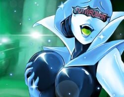 artist_request breasts city_boy deltarune deltarune_chapter_2 funny_face glowing hand_on_boob hi_res joke meme not_porn queen_(deltarune) reference_image suggestive text trend twitter_link yumeko_grabbing_her_breast