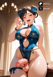 1futa ai_generated arm_behind_back arm_up big_ass big_breasts breasts brown_eyes brown_hair chun-li cock colored dick erection fellatio_gesture front_view futa_only futanari futanari/female light_skin light_skinned_futanari long_hair looking_at_viewer nickythecreator penis sexy sexy_body sexy_pose street_fighter swimsuit testicles tied_hair uncensored veiny_penis