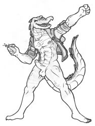 abs alligator alligatorid anthro areola beverage bottomless charlie_(woogigooie) claws clothed clothing crocodilian erection genitals glans hi_res hoodie hoodie_only jacket jacket_only long_tail male monochrome muscular nipples partially_clothed pecs penis reptile scales scalie sharp_teeth solo tail teeth toe_claws topwear topwear_only traditional_media_(artwork) woogigooie