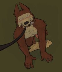 anthro blush bodily_fluids bondage canid canine canis digital_media_(artwork) domestic_dog genital_fluids genitals hi_res looking_at_viewer male mammal nude openfracturesday peeing penis petplay puppyplay roleplay simple_background solo urine watersports wetting