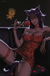 1girls armpits artist_signature big_breasts bleach bleach:_the_thousand-year_blood_war bracelet brown_skin cat_ears cat_eyes cat_tail choker couch dress fangs female female_focus female_only highres long_eyelashes long_hair nail_polish no_bra panties pattern_clothing png prixmal purple_fur purple_hair purple_tail red_lipstick red_nails rose seductive_look seductive_pose sexy sexy_body sexy_female shihouin_yoruichi thick_thighs tight_clothing tight_dress valentine's_day yellow_eyes yoruichi_shihouin