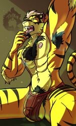 absurd_res anthro armpit_hair ball_slip body_hair chest_hair clothed clothing felid genitals hi_res jockstrap jockstrap_bulge jockstrap_only male male_anthro mammal musk musk_cloud musky_penis nipples open_mouth pantherine penis pubes raised_arm sake_letigre thekinkybear tiger topless underwear underwear_only vein veiny_penis waking_up yawn yawning_position