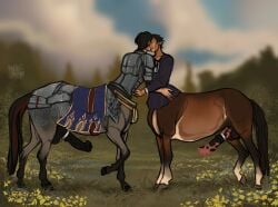 accessory animal_genitalia animal_penis anthalus_(drakengarth) armor balls black_hair brown_body brown_fur centaur cock_ring equid equid_taur equine equine_genitalia equine_penis erection european_mythology fionn_(drakengarth) fur genitals greek_mythology grey_body grey_fur hair hi_res humanoid_taur jewelry kissing leg_markings male mammal mammal_taur markings mythology penis penis_accessory penis_jewelry prettynetting sheath socks_(marking) tail taur thoroughbred