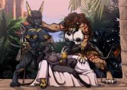 2022 4_toes 5_fingers animal_genitalia animal_penis anthro anubian_jackal areola azaleesh balls big_balls big_breasts big_penis black_hair bodily_fluids breasts brown_hair canid canine canis claws clenched_teeth container cum cum_in_a_cup cum_in_container cum_on_breasts cup digital_media_(artwork) equine_genitalia equine_penis fangs feet felid female female_anthro feruna finger_claws fingers genital_fluids genitals goblet group gynomorph gynomorph/female gynomorph_anthro hair holding_container holding_cup holding_object intersex intersex/female intersex_anthro jackal jhareed lion long_hair mammal nipple_piercing nipples palm_tree pantherine penis piercing plant short_hair shujaa_(coltron20) tail tail_tuft teeth toe_claws toes tree trio tuft