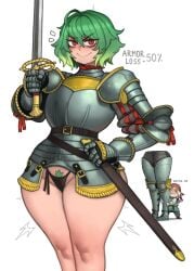 2d 2d_(artwork) 2d_artwork armor ass black_panties blush blush_lines blushing blushing_at_viewer breasts female green_hair hair hugging kelvin_hiu lips looking_at_viewer original original_character panties pants pubes red_hair reycall_sounds sheath sweat sword tagme weapon