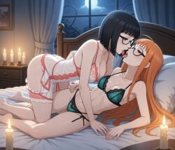ai_generated bed bedroom black_hair blue_eyes blush candles daughter glasses incest kissing lingerie moon mother mother_and_daughter negligee night older_female_and_younger_female orange_hair persona persona_(series) persona_5 purple_eyes sakura_futaba stockings straddling tongue tongue_kiss tongue_out wakaba_ishiki yuri