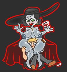 1boy 1girls alcina_dimitrescu bed black_hair black_hat blonde_hair breasts capcom cartoony clothed_male_nude_female clothing duo ear_piercing ethan_winters female g00dstuff grey_skin hat high_heels human human_male human_on_humanoid humanoid humanoid_female interspecies legs_wrapped_around_partner light-skinned_male light_skin lipstick male male/female mammal mammal_humanoid mature mature_female mature_male nipples nude nude_female nude_female_clothed_male pants red_lipstick resident_evil resident_evil_8:_village shoes short_hair sitting smiling straight wine wine_glass