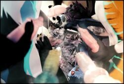 3d_(artwork) absurd_res accessory animal_genitalia animal_penis anthro big_penis black_border bodily_fluids border cock_ring collar cum cum_on_face degradation deuzear digital_media_(artwork) english_text equine_genitalia equine_penis forced genital_fluids genitals group hi_res jewelry lill_esp lill_espion male male/male multi_genitalia multi_penis musk musk_cloud musky_penis name_tag penis penis_accessory penis_jewelry rape sex slave text