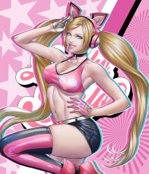 1girls alternate_version_available black_thighhighs blonde_hair blue_eyes blue_shorts bottomwear breasts choker clothing crop_top female female_only fingerless_gloves footwear hair hand_on_hip handwear headphones headwear hips legwear lucky_chloe medium_breasts neckwear pink_crop_top pose posing rondeu shoes short_shorts smile solo solo_female tekken thick_thighs thighhighs thighs topwear wide_hips