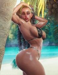 1girls 2024 3d 3d_(artwork) ass big_ass big_breasts big_lips bikini bikini_bottom bikini_top black_bikini black_hair blue_highlights bottomwear breasts brown_eyes capcom clothing dreadlocks ear_piercing earrings female female_only hair hand_behind_head hand_on_head headband headwear hoop_earrings huge_ass kimberly_jackson lips looking_at_viewer milapone side_view sideboob solo solo_female street_fighter street_fighter_6 swimwear thick_lips thick_thighs thighs topwear
