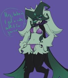 absurd_res anthro ball_slip balls bikini black_rose_(meekzhyu) breasts chest_tuft clothing dialogue english_text fur generation_9_pokemon genitals green_body green_fur gynomorph hi_res ineffective_clothing intersex mask meekzhyu meowscarada nintendo pokemon pokemon_(species) purple_bikini purple_clothing purple_eyes purple_swimwear small_breasts solo swimwear text tuft two-piece_swimsuit
