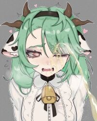 @_@ bell bell_collar blush blushing bovine collar cow_ears crelly embarrassed female_focus golden_shower green_hair localpervert looking_at_viewer one_eye_closed peeing peeing_on_face pissing_on_another slut urination urine watersports
