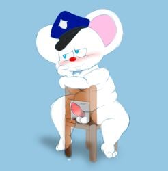 absurd_res anthro balls bodily_fluids chair chubby_male clothing furniture fuzefurry genital_fluids genitals hat headgear headwear hi_res male mammal mappy mappy_(character) mouse murid murine penis precum rodent sitting_on_chair slightly_chubby solo tagme video_games