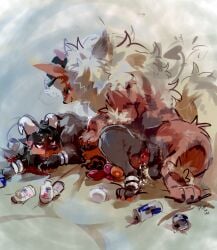 arcanine black_body cookie_(cookiewuff) dairy_products fluffy fluffy_hair food from_behind_position fur generation_1_pokemon generation_2_pokemon genitals hair hi_res houndoom knot knotted_penis male male/male male_penetrating mounting nintendo orange_body penetration penis pokemon pokemon_(species) red_bull sex tan_body tan_fur yogurt zanthu