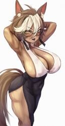 armpits biceps boob_window breasts brown_eyes brown_hair dress fit fit_female glasses horse_ears horse_girl horse_tail huge_breasts muscular_legs muscular_thighs seori091 sideboob tagme tan_body tan_skin umari_tomoe v-dere vtuber vtuberfanart white_hair