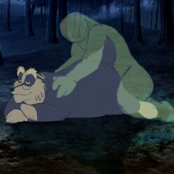 1:1 2026 anthro badger cornelius_(ouaf) duo eyewear glasses hanna-barbera hi_res joesanchez male mammal mature_male mustelid musteline night once_upon_a_forest outside overweight overweight_male sex solo_focus