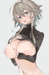 1girls aqua_eyes areolae arknights big_breasts blush breasts embarrassed exposed_breasts hair_between_eyes hand_on_breast head_tilt highres holding_breast large_breasts light-skinned_female light_skin long_hair mayer_(arknights) midriff mikozin navel nervous nipples no_bra open_mouth open_smile presenting presenting_breasts standing sweat sweatdrop sweater sweater_lift sweating white_background