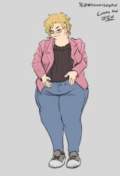 blonde_hair blush chubby chubby_female curvy curvy_female cute fat fat_ass fat_female glasses holding_belly jeans leather_clothing leather_jacket pink_jacket rubbing_belly solo_female standing sweater tight_clothing tight_fit tight_sweater witchlord